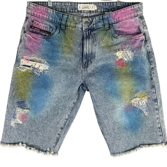 Akademiks‎ Jeanious Paint Splatter Denim Shorts Distressed Mens Streetwear 38 - Picture 1 of 11